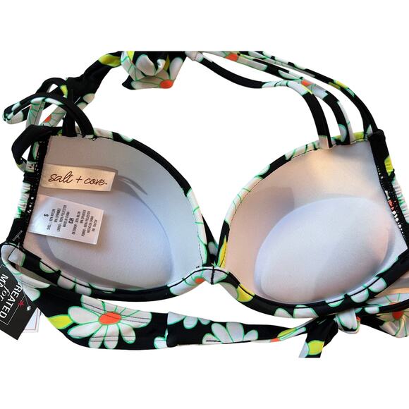 SALT COVE JUNIORS SZ SMALL BIKINI TOP DAISY DANCE STRAPPY U BLACK MULTI NEW! - Picture 9 of 10